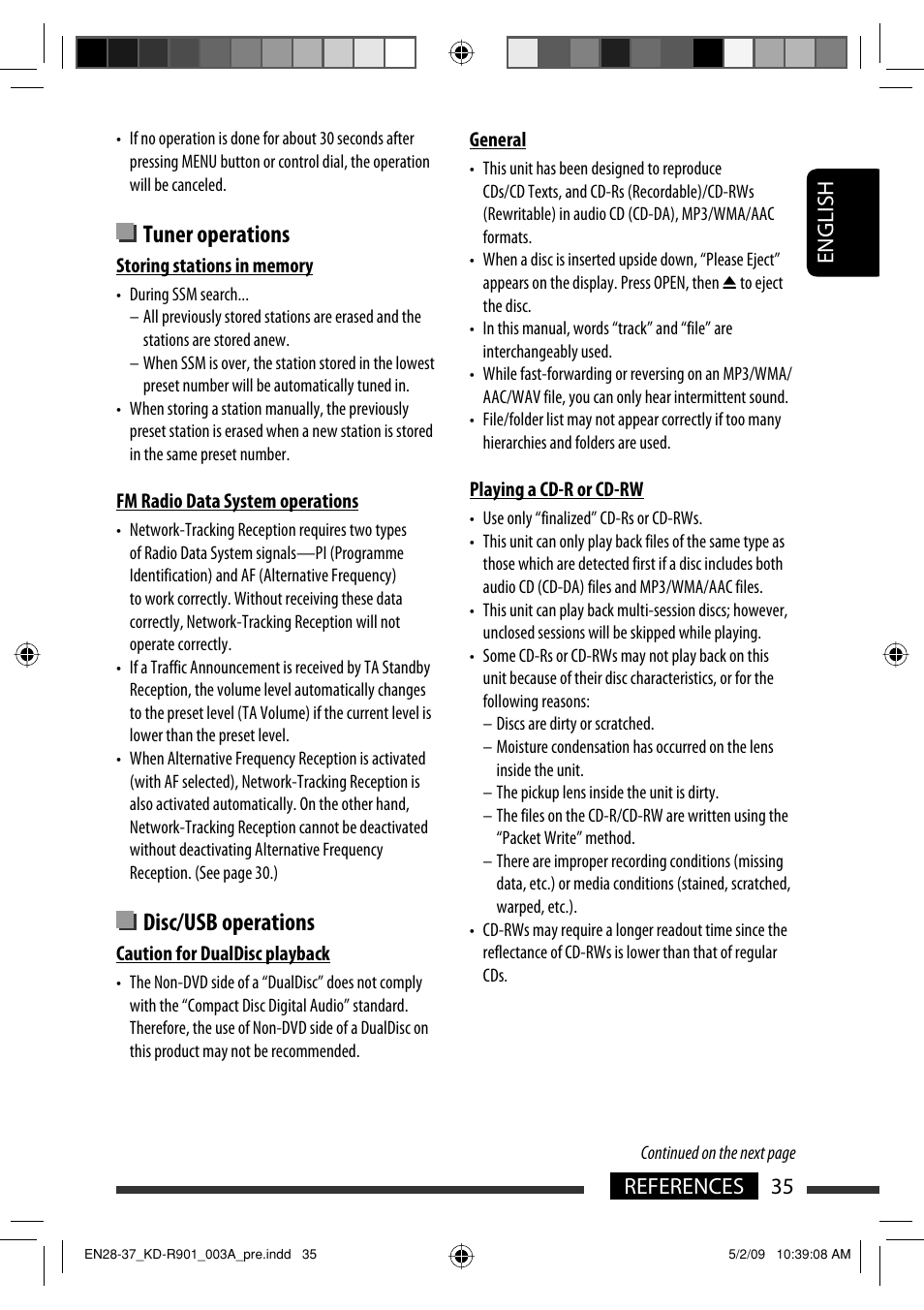 Tuner operations, Disc/usb operations, English 35 references | JVC KD-R901 User Manual | Page 35 / 185