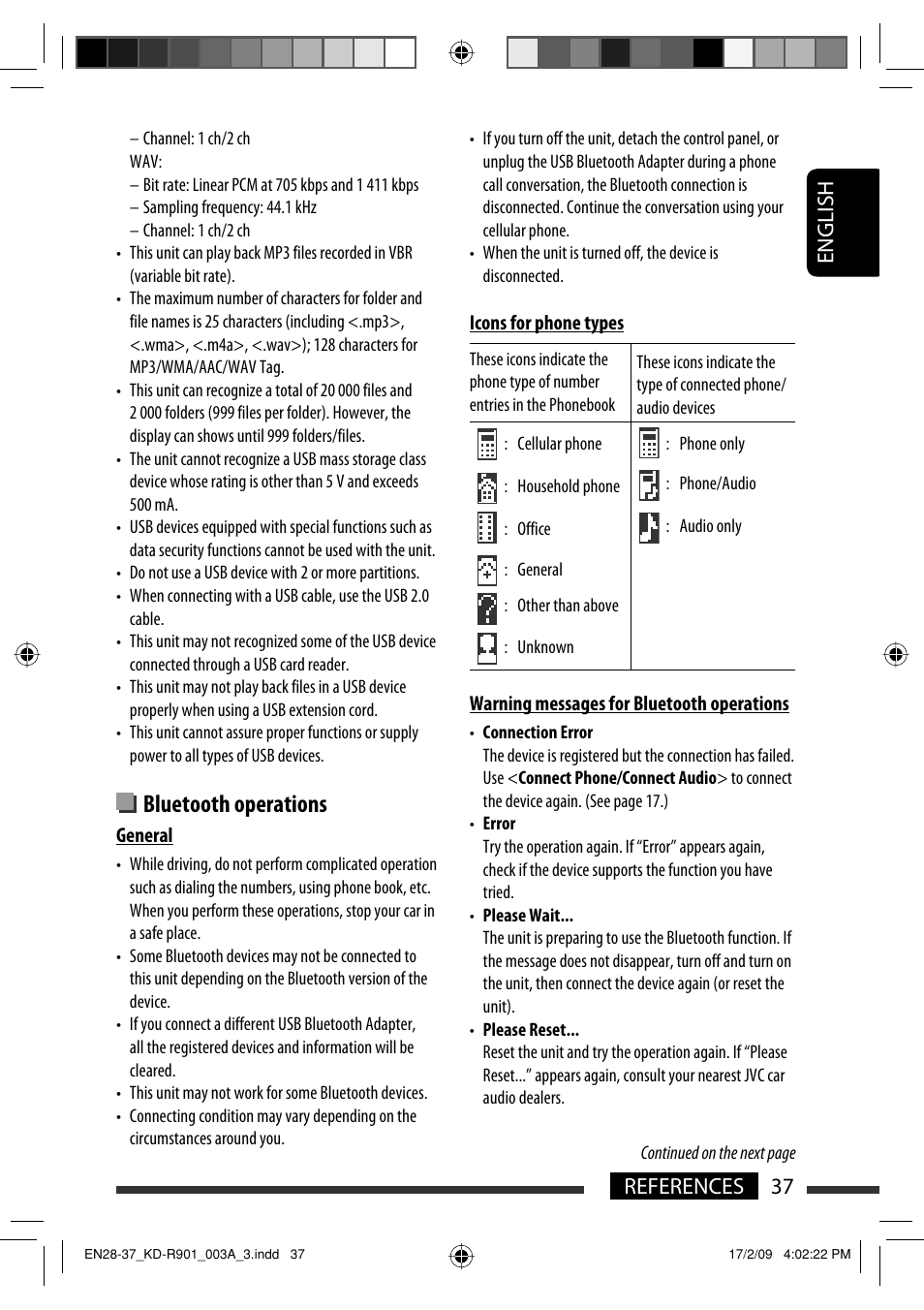 Bluetooth operations, English 37 references | JVC KD-R901 User Manual | Page 37 / 185