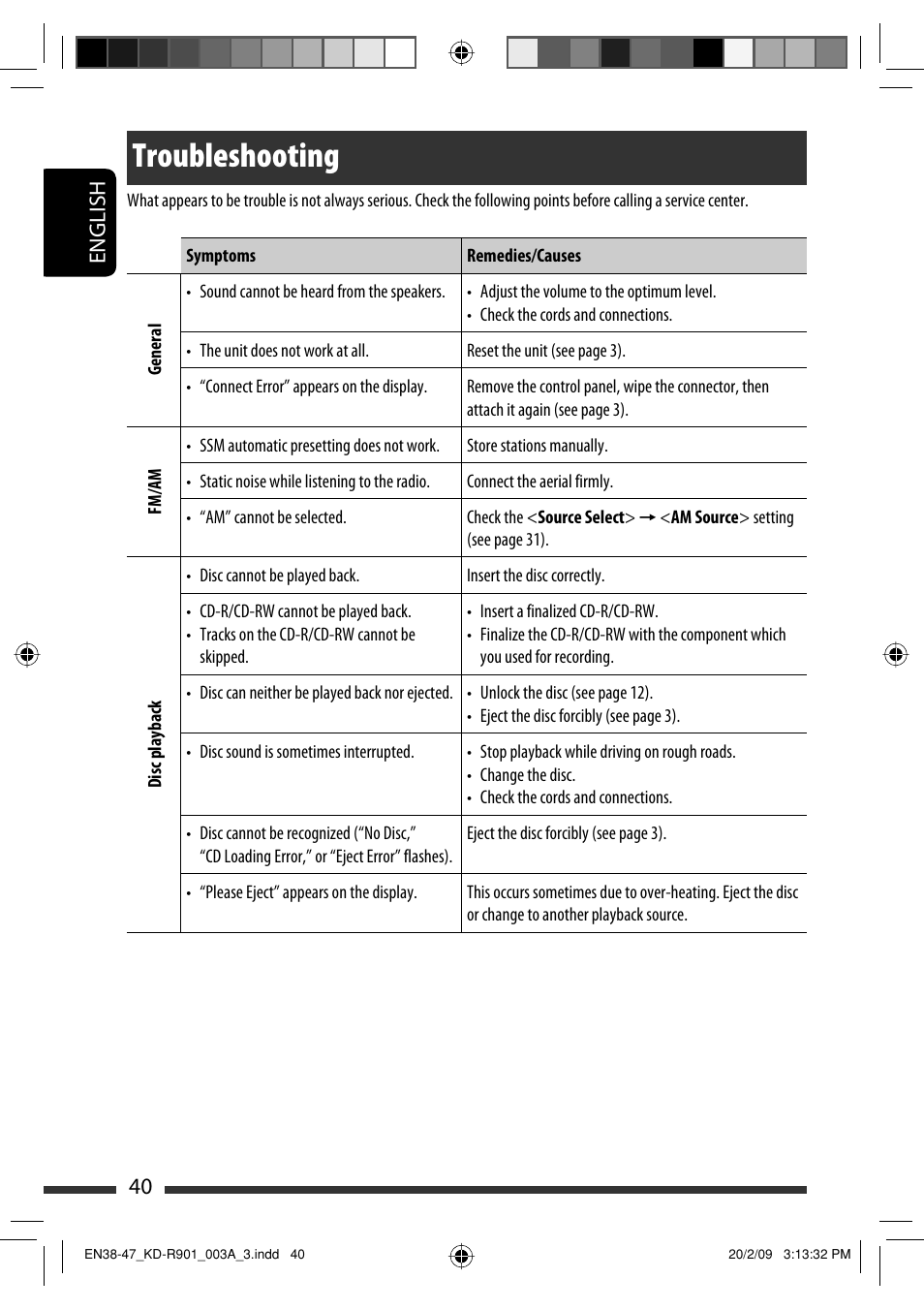 Troubleshooting, English 40 | JVC KD-R901 User Manual | Page 40 / 185