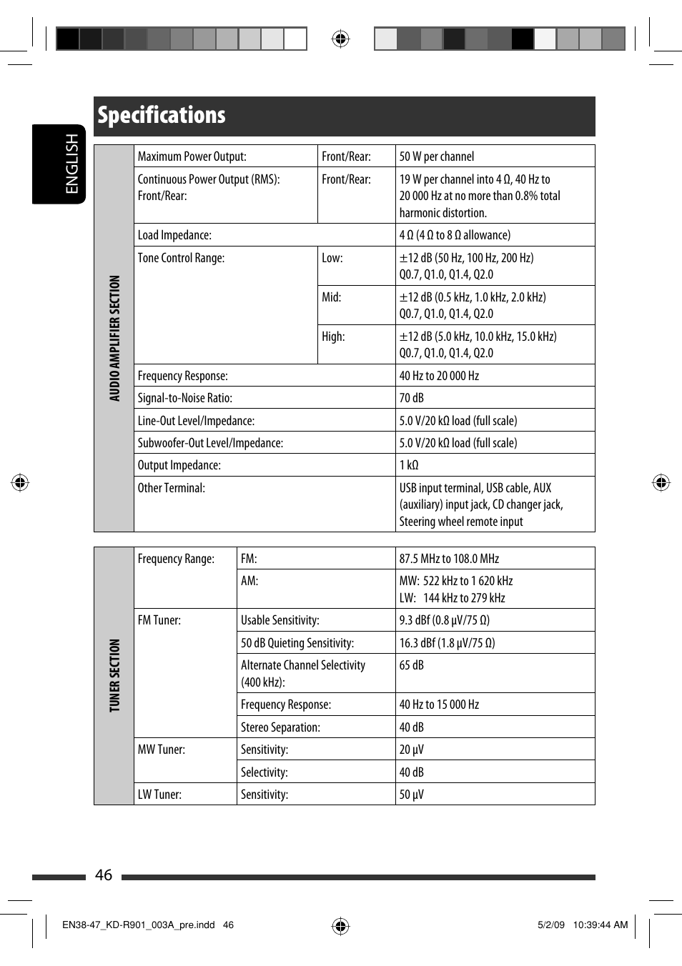 Specifications, English 46 | JVC KD-R901 User Manual | Page 46 / 185