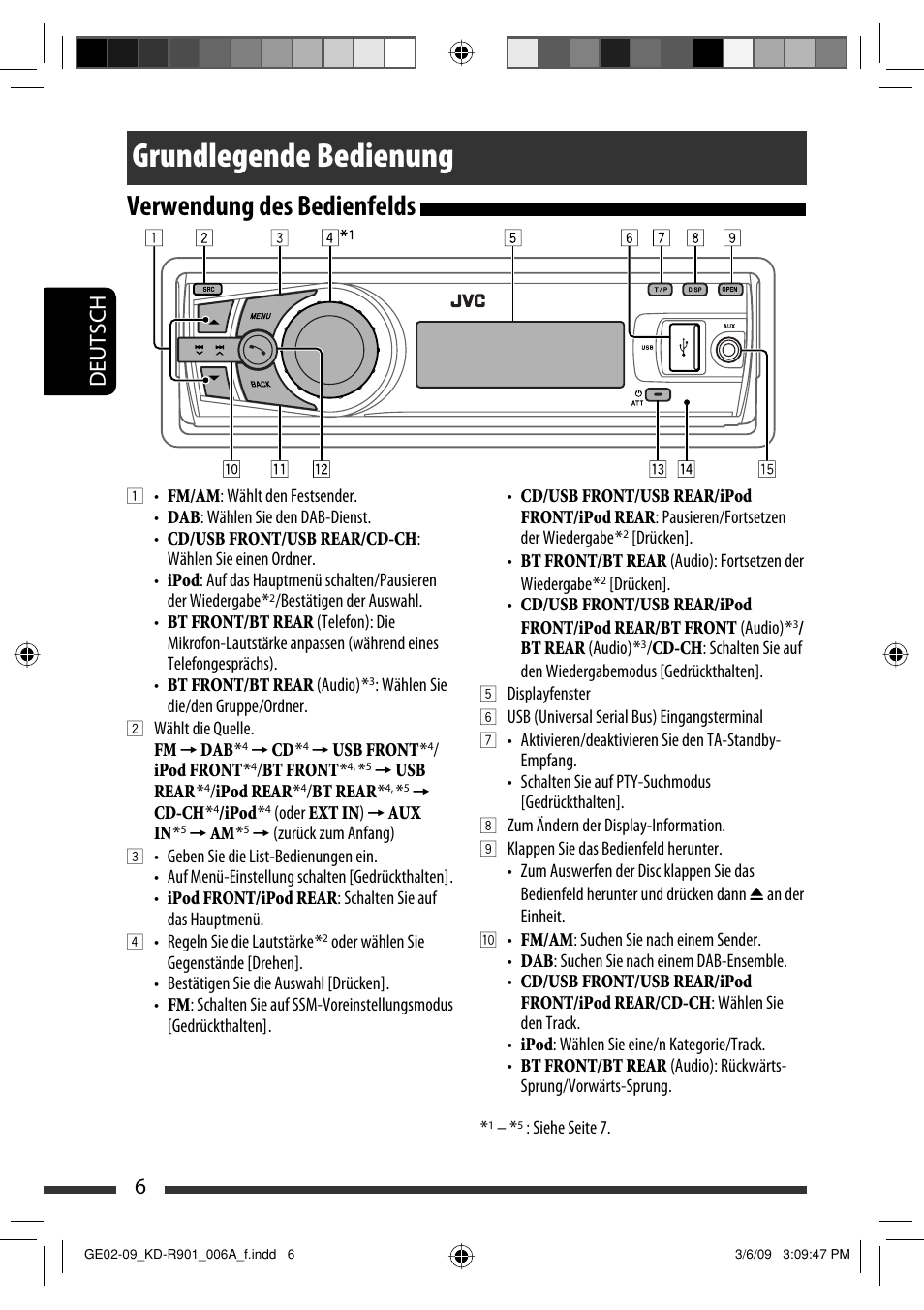 Grundlegende bedienung, Verwendung des bedienfelds, Deutsch 6 | JVC KD-R901 User Manual | Page 52 / 185