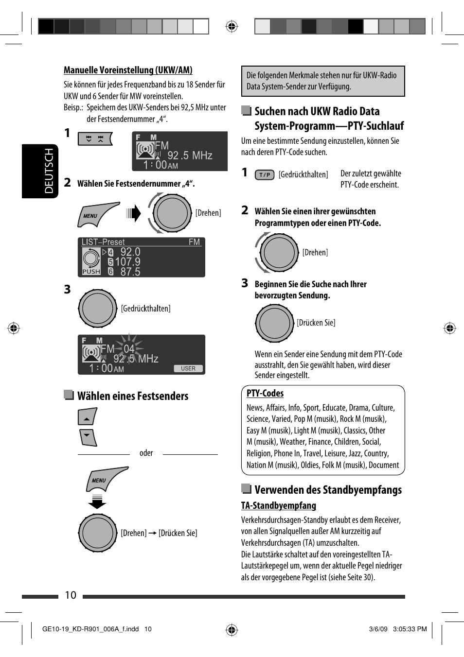 Wählen eines festsenders, Verwenden des standbyempfangs | JVC KD-R901 User Manual | Page 56 / 185