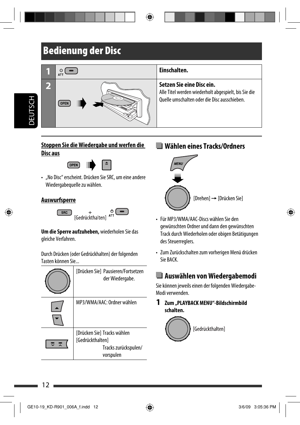 Bedienung der disc, Wählen eines tracks/ordners, Auswählen von wiedergabemodi | JVC KD-R901 User Manual | Page 58 / 185