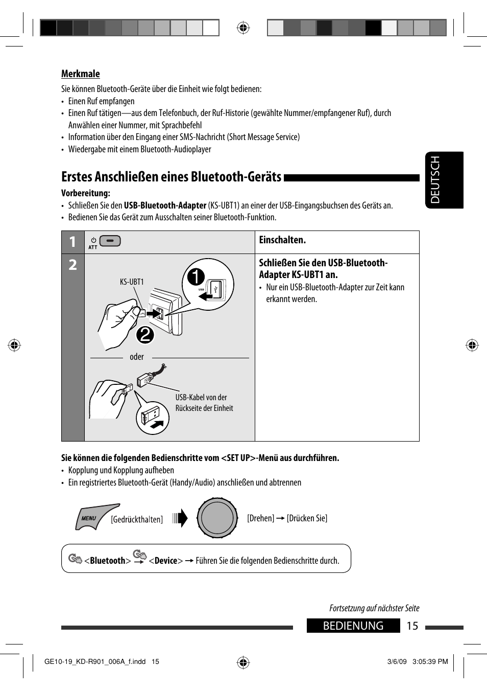 Erstes anschließen eines bluetooth-geräts, Deutsch 15 bedienung | JVC KD-R901 User Manual | Page 61 / 185