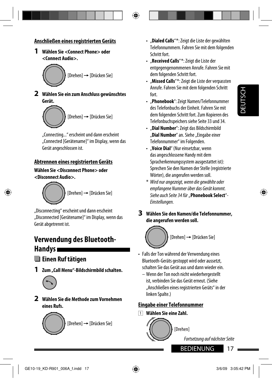 Verwendung des bluetooth- handys, Einen ruf tätigen, Deutsch 17 bedienung | JVC KD-R901 User Manual | Page 63 / 185