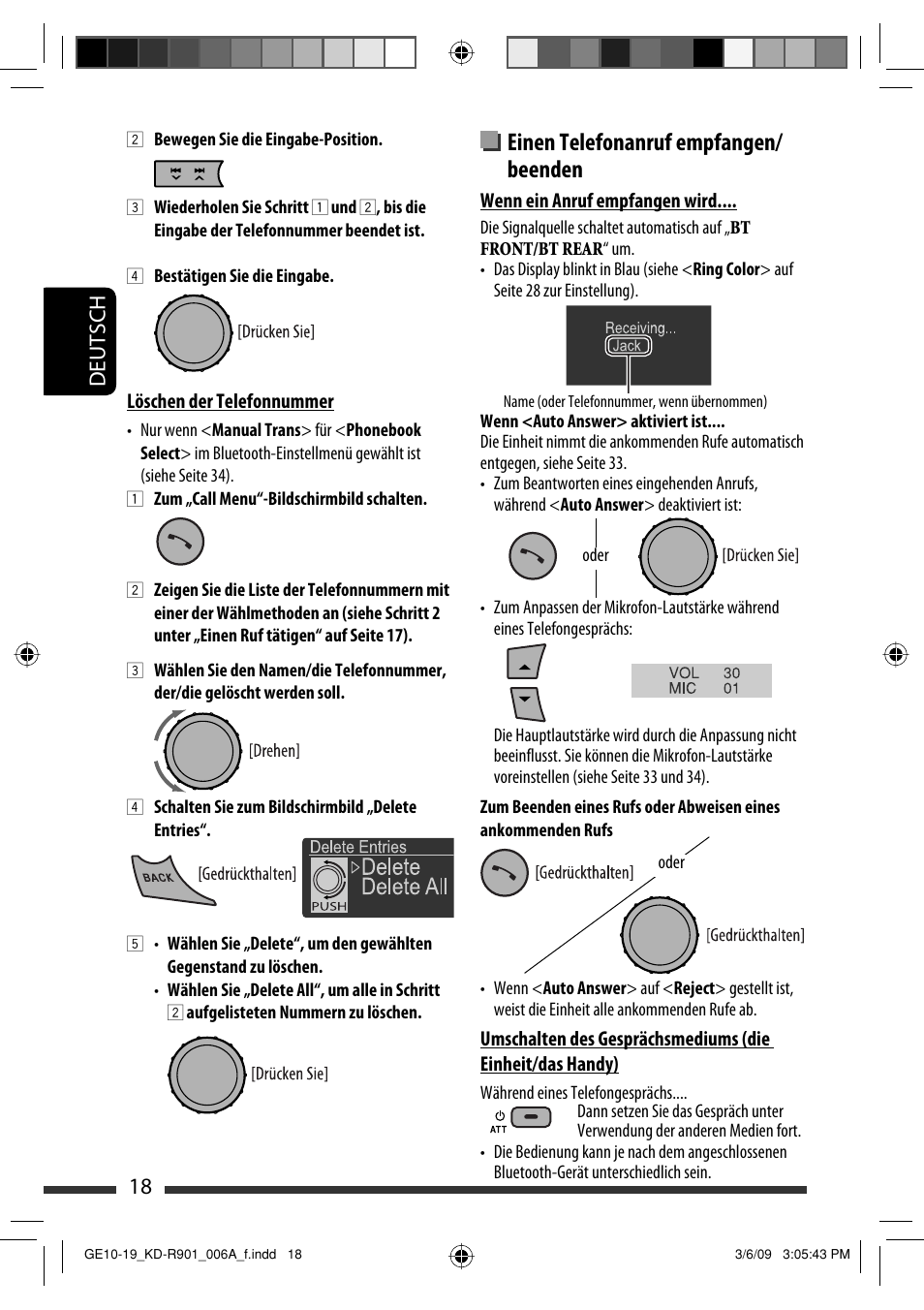 Einen telefonanruf empfangen/ beenden, Deutsch 18 | JVC KD-R901 User Manual | Page 64 / 185