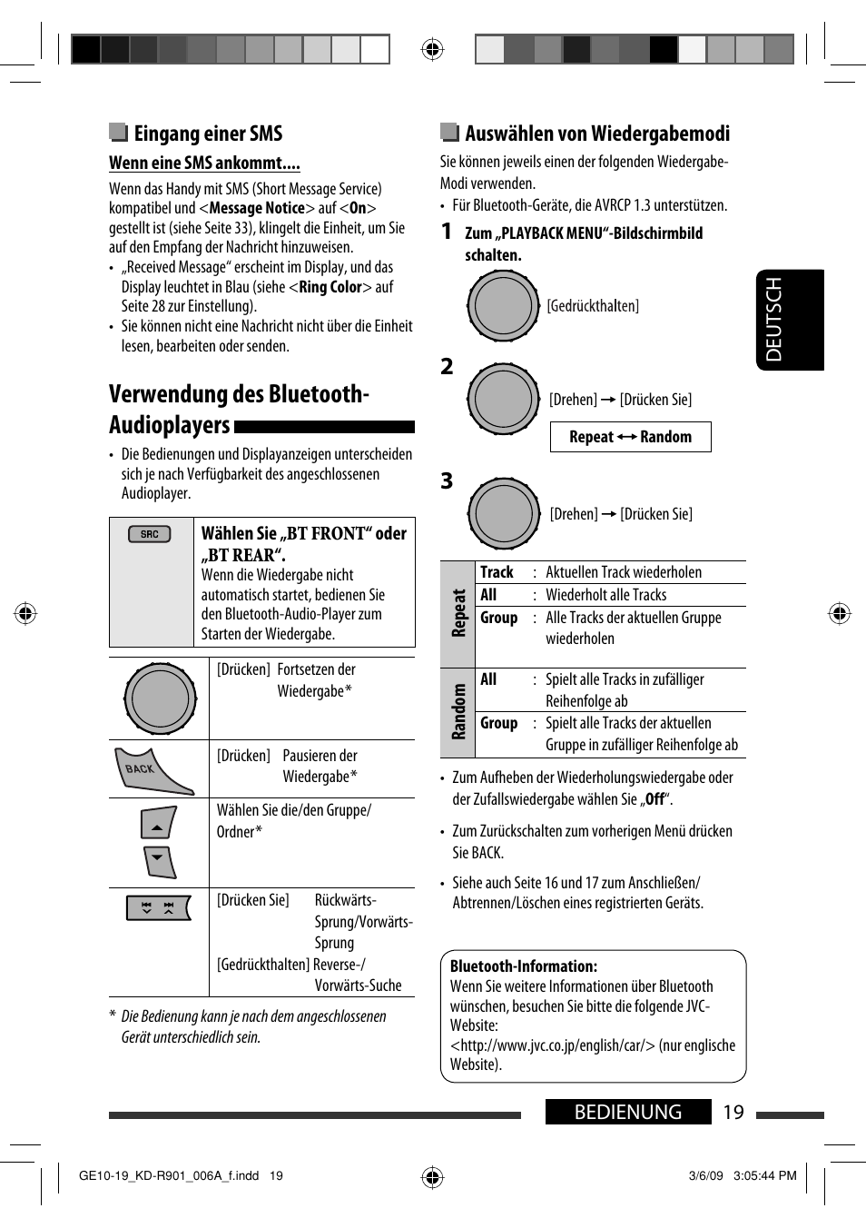 Verwendung des bluetooth- audioplayers, Eingang einer sms, Auswählen von wiedergabemodi | Deutsch 19 bedienung | JVC KD-R901 User Manual | Page 65 / 185