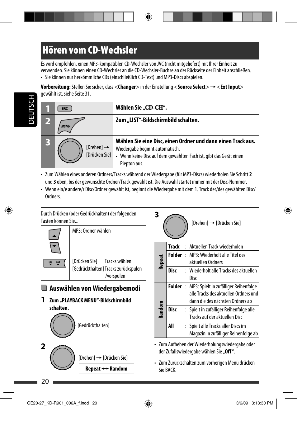 Hören vom cd-wechsler, Auswählen von wiedergabemodi | JVC KD-R901 User Manual | Page 66 / 185