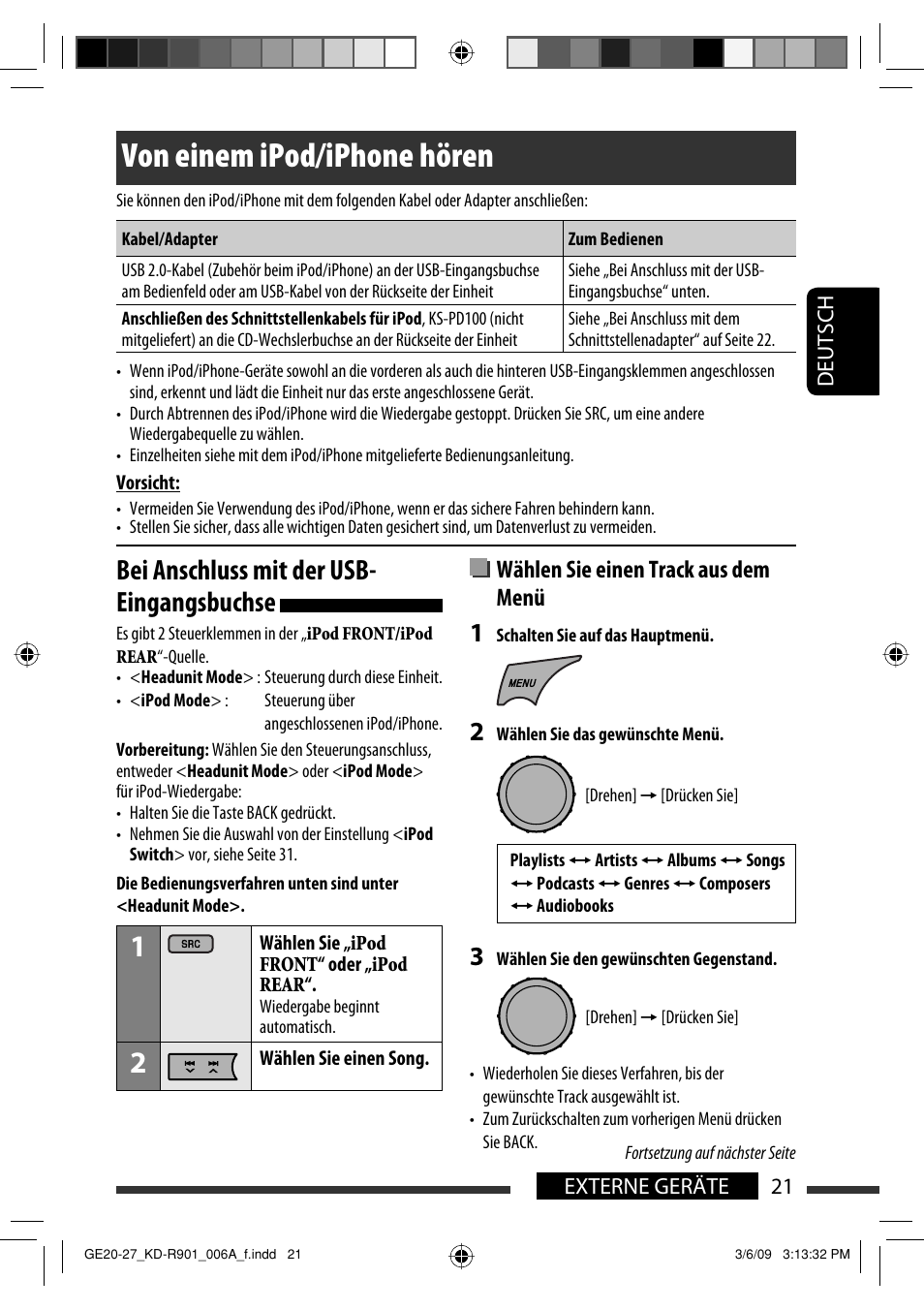 Von einem ipod/iphone hören, Bei anschluss mit der usb- eingangsbuchse, Wählen sie einen track aus dem menü | JVC KD-R901 User Manual | Page 67 / 185