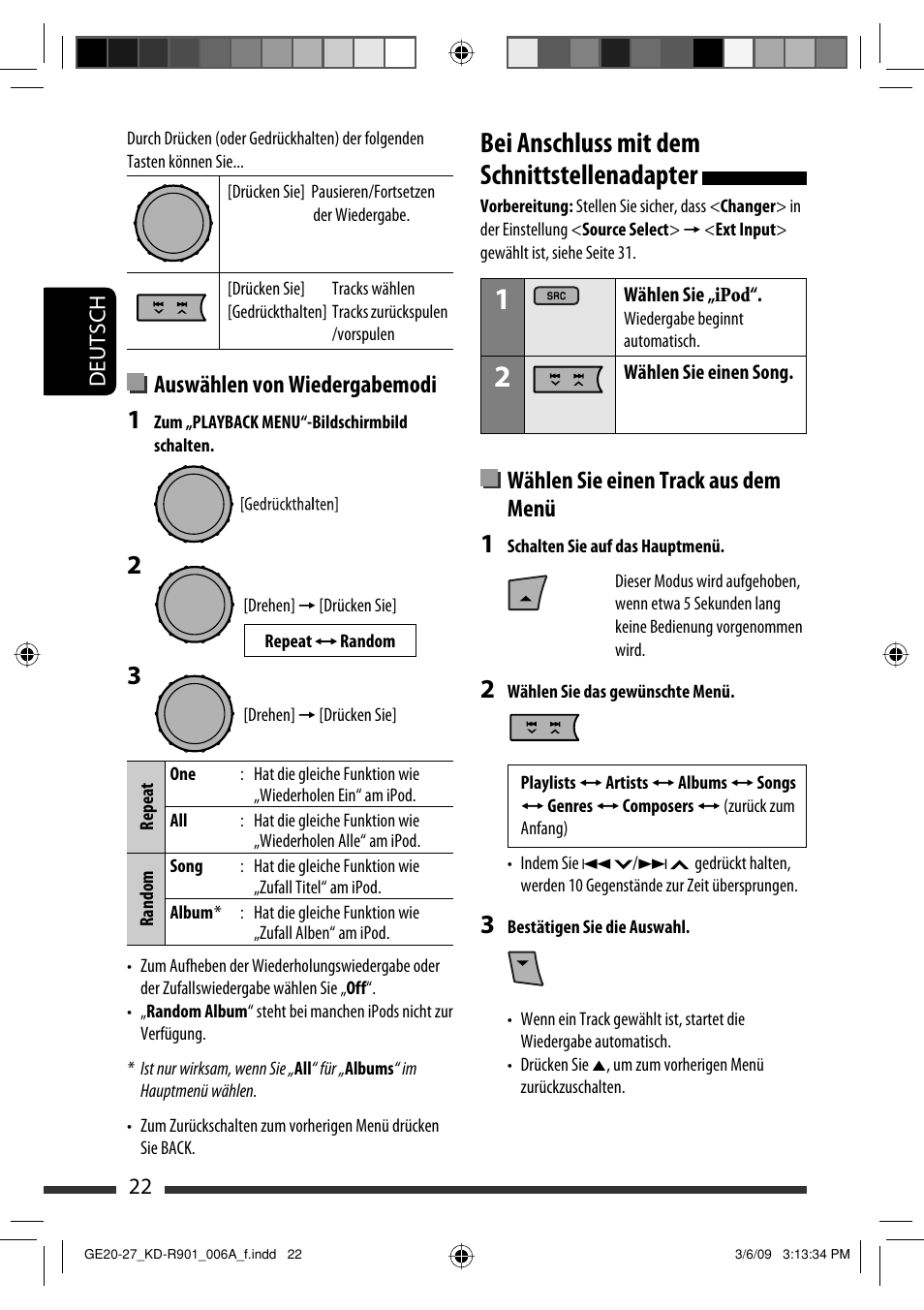 Bei anschluss mit dem schnittstellenadapter, Auswählen von wiedergabemodi, Wählen sie einen track aus dem menü | JVC KD-R901 User Manual | Page 68 / 185