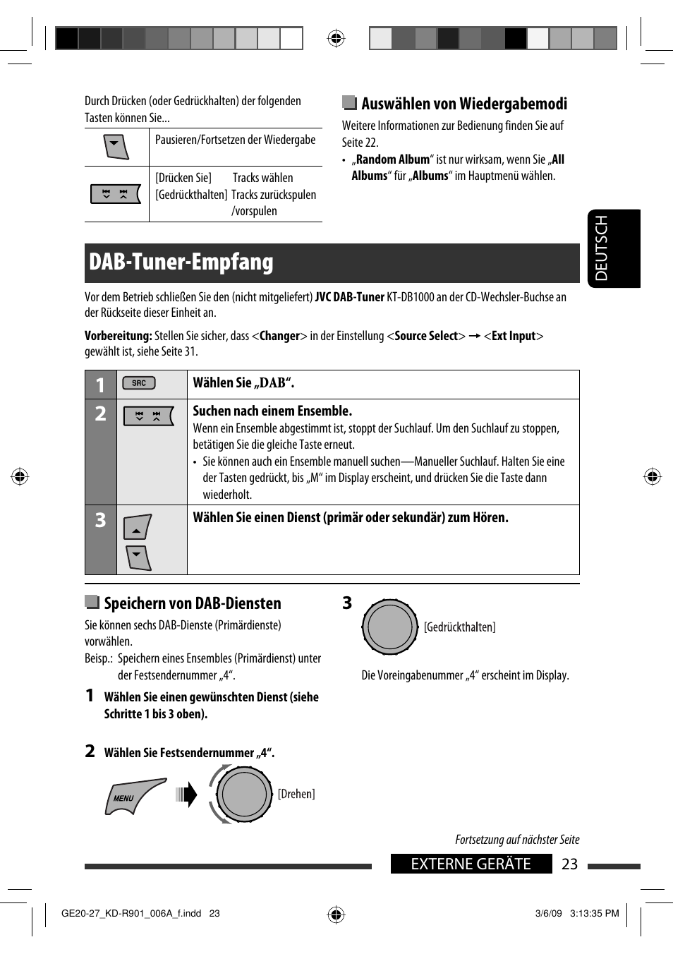 Dab-tuner-empfang, Auswählen von wiedergabemodi, Speichern von dab-diensten | JVC KD-R901 User Manual | Page 69 / 185