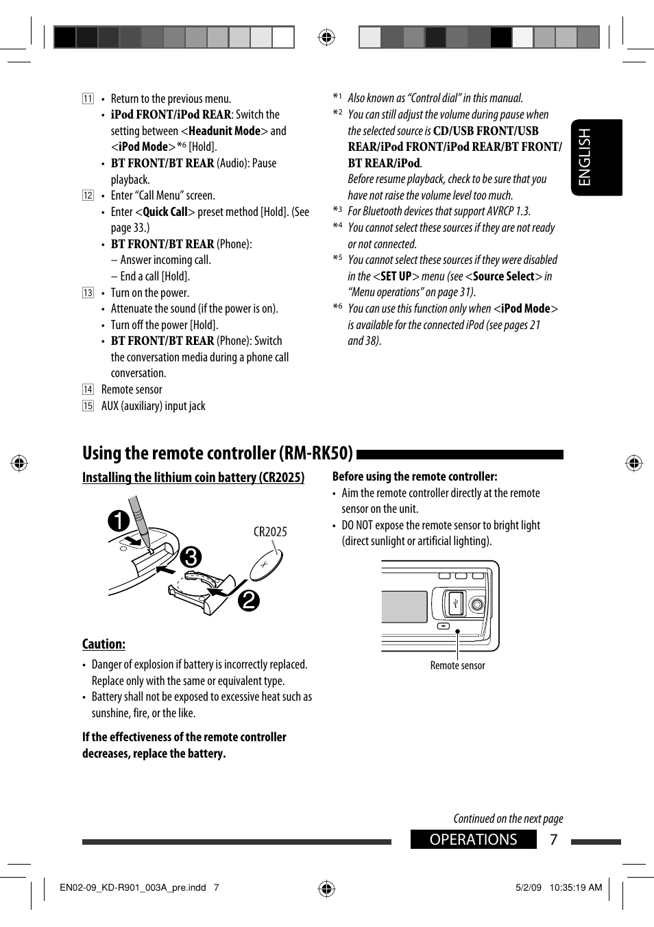 Using the remote controller (rm-rk50), English 7 operations | JVC KD-R901 User Manual | Page 7 / 185