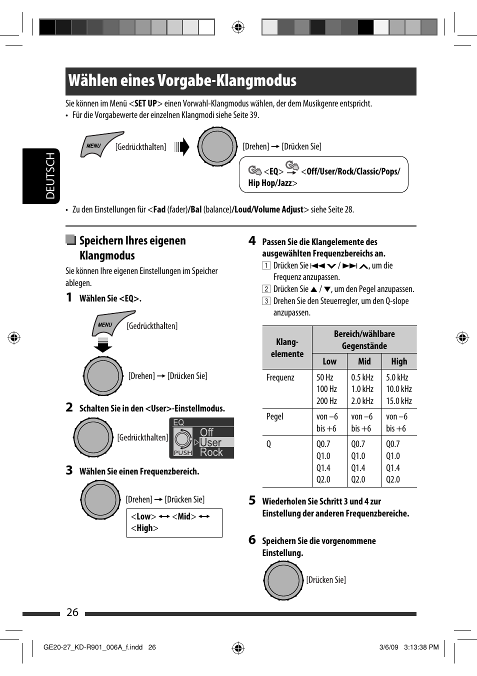 Wählen eines vorgabe-klangmodus, Speichern ihres eigenen klangmodus, Deutsch 26 | JVC KD-R901 User Manual | Page 72 / 185