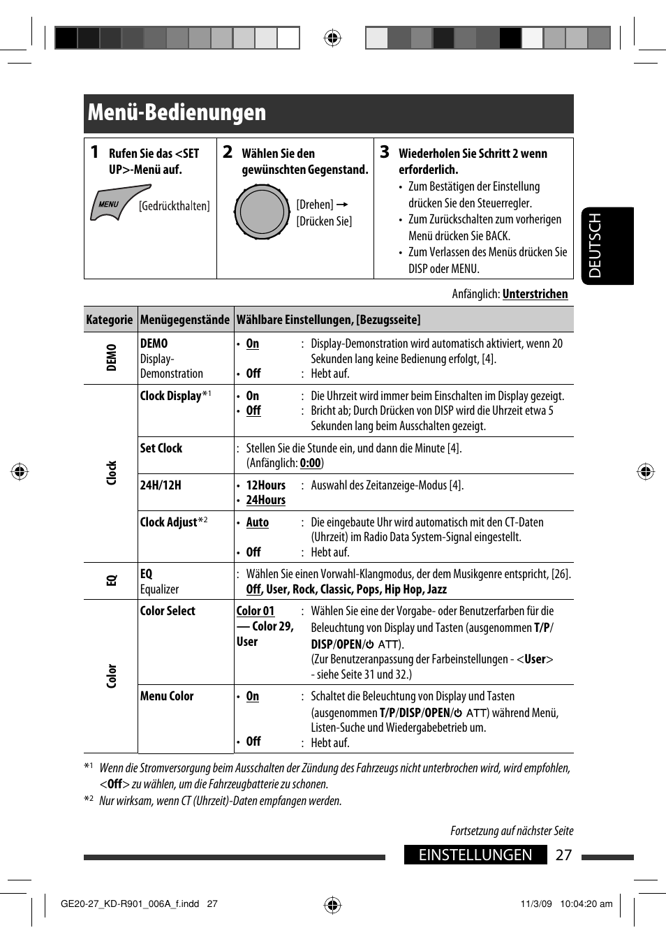 Menü-bedienungen, Deutsch 27 einstellungen | JVC KD-R901 User Manual | Page 73 / 185