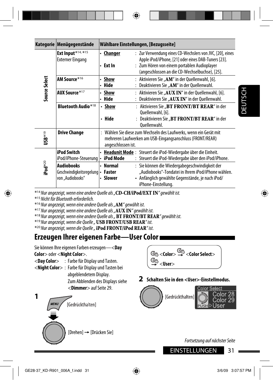 Erzeugen ihrer eigenen farbe—user color, Deutsch 31 einstellungen | JVC KD-R901 User Manual | Page 77 / 185