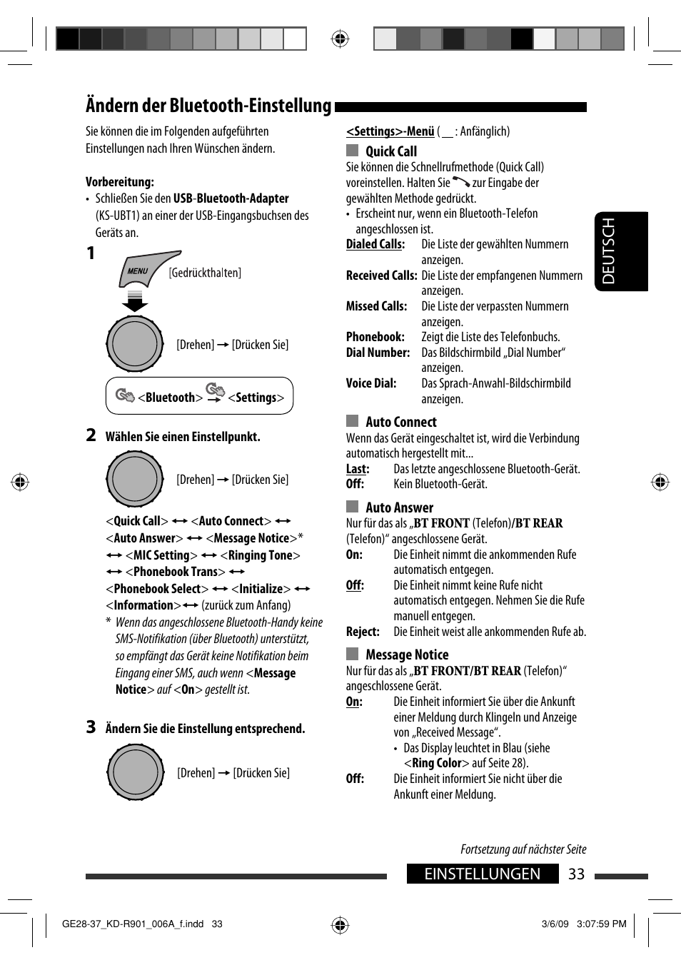 Ändern der bluetooth-einstellung, Deutsch 33 einstellungen | JVC KD-R901 User Manual | Page 79 / 185