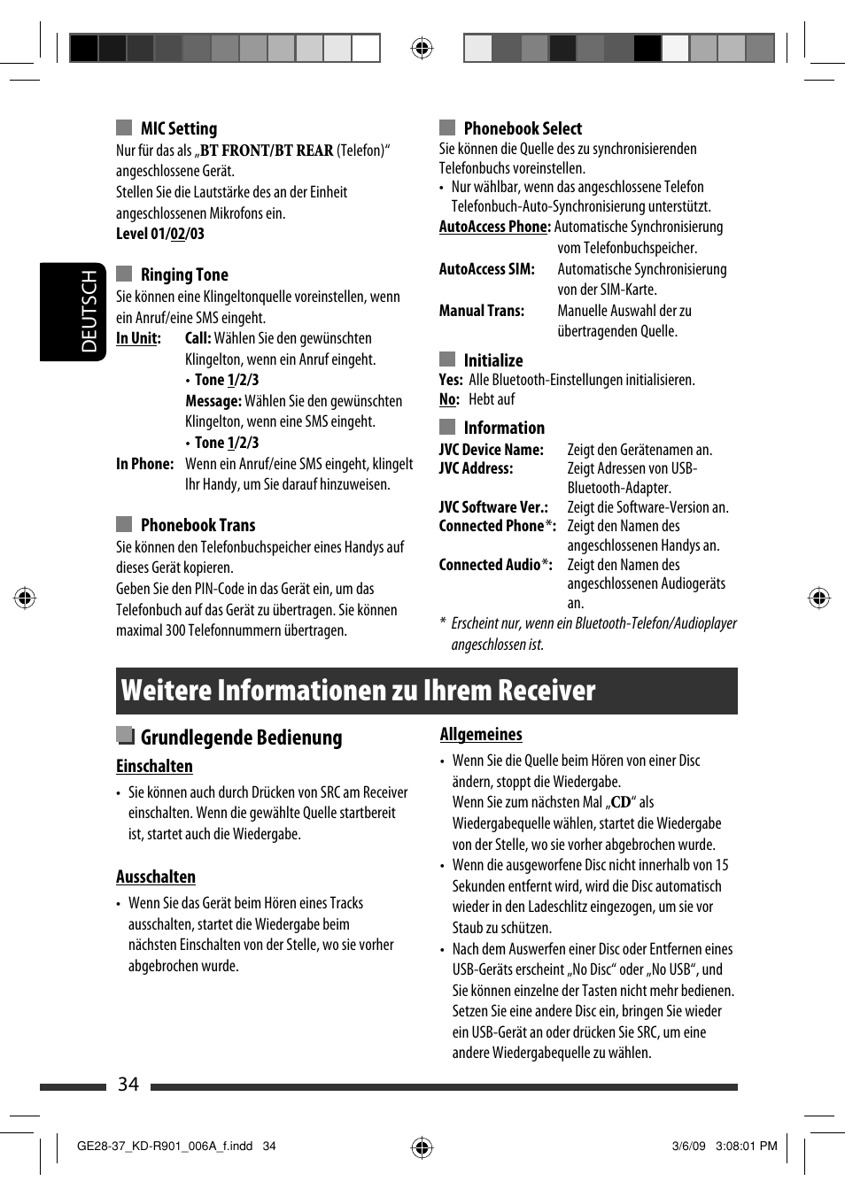 Weitere informationen zu ihrem receiver, Grundlegende bedienung, Deutsch 34 | JVC KD-R901 User Manual | Page 80 / 185