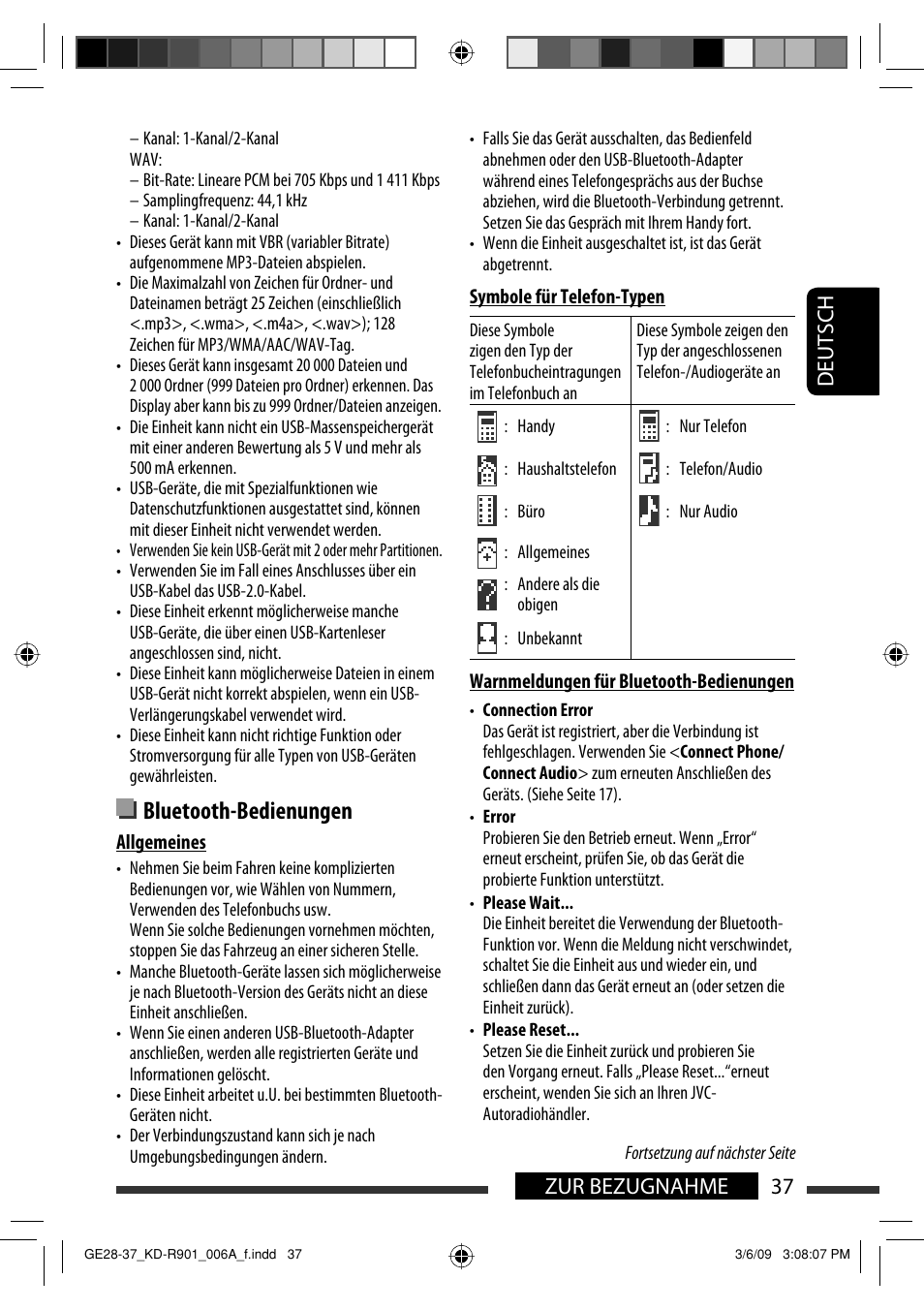 Bluetooth-bedienungen, Deutsch 37 zur bezugnahme | JVC KD-R901 User Manual | Page 83 / 185