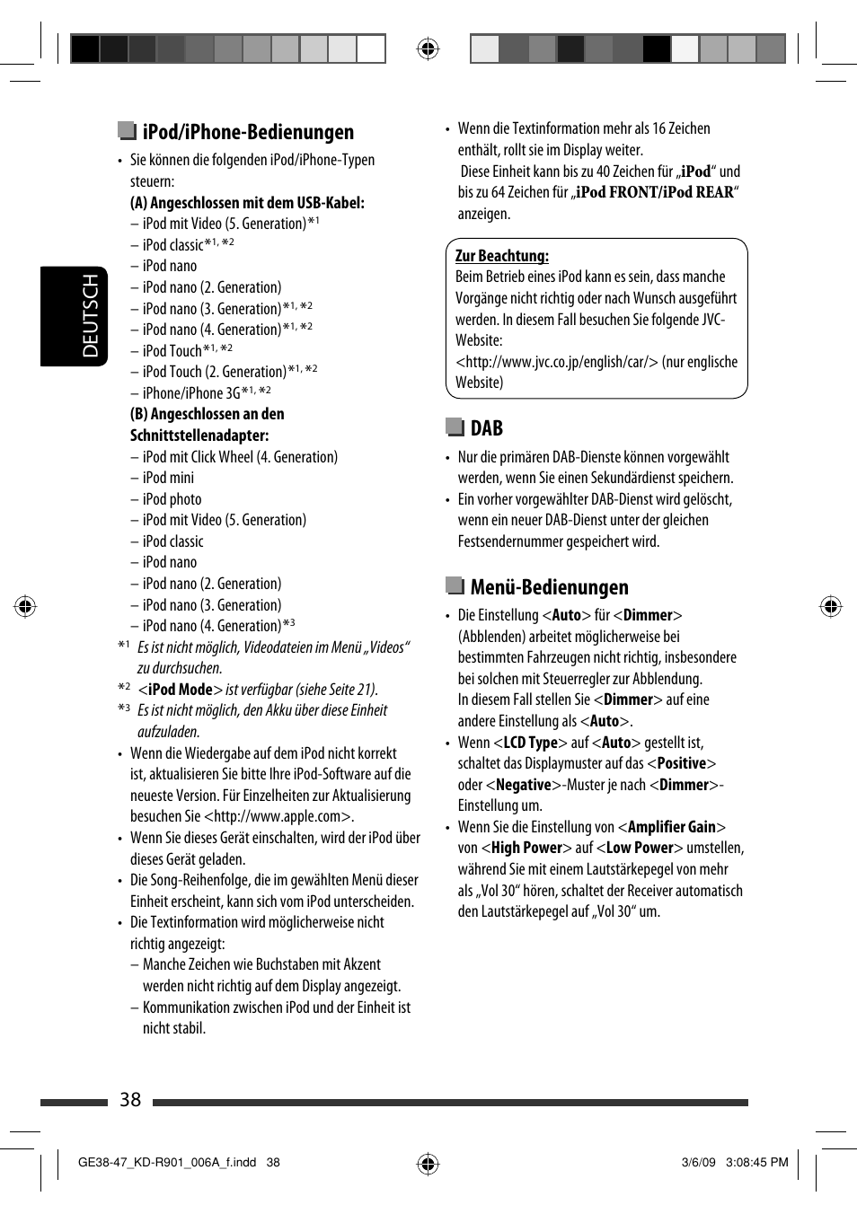 Ipod/iphone-bedienungen, Menü-bedienungen, Deutsch 38 | JVC KD-R901 User Manual | Page 84 / 185