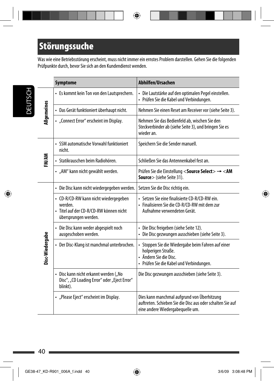 Störungssuche, Deutsch 40 | JVC KD-R901 User Manual | Page 86 / 185