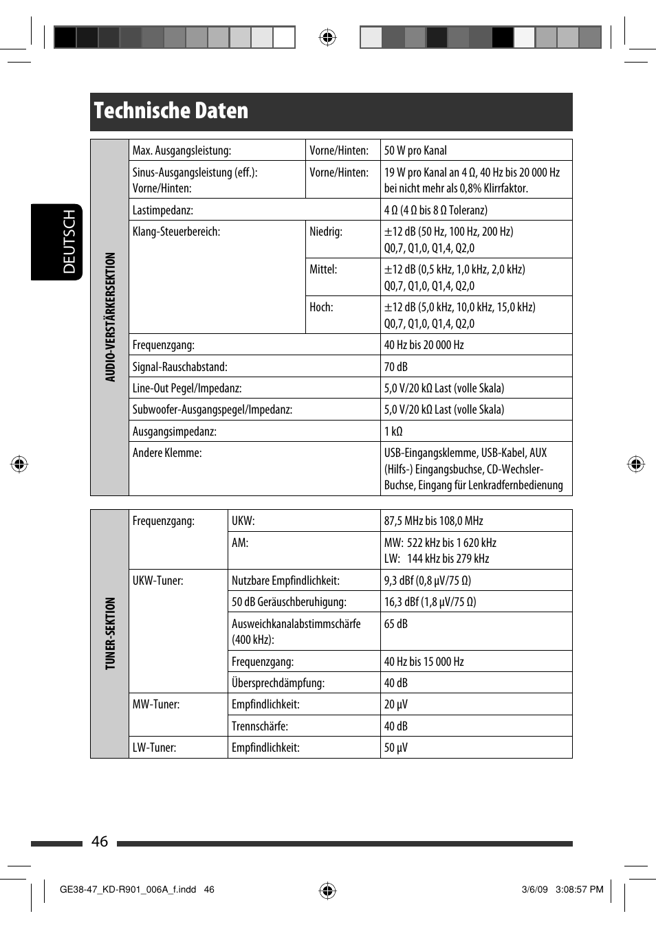 Technische daten, Deutsch 46 | JVC KD-R901 User Manual | Page 92 / 185
