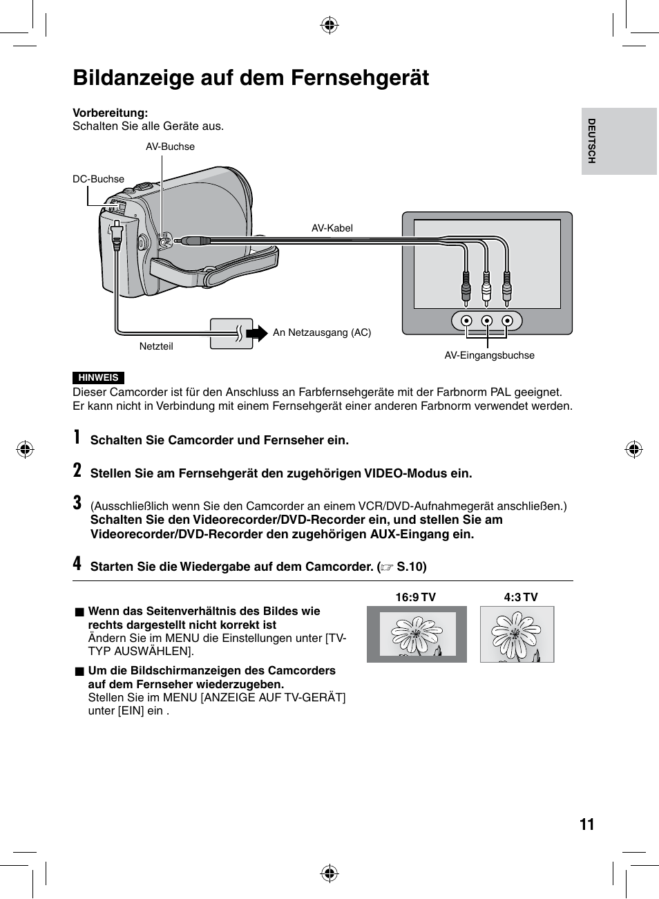 Bildanzeige auf dem fernsehgerät, Bildanzeige.auf.dem, Fernsehgerät | Bildanzeige.auf.dem.fernsehgerät | JVC GZ-MS90 User Manual | Page 11 / 60