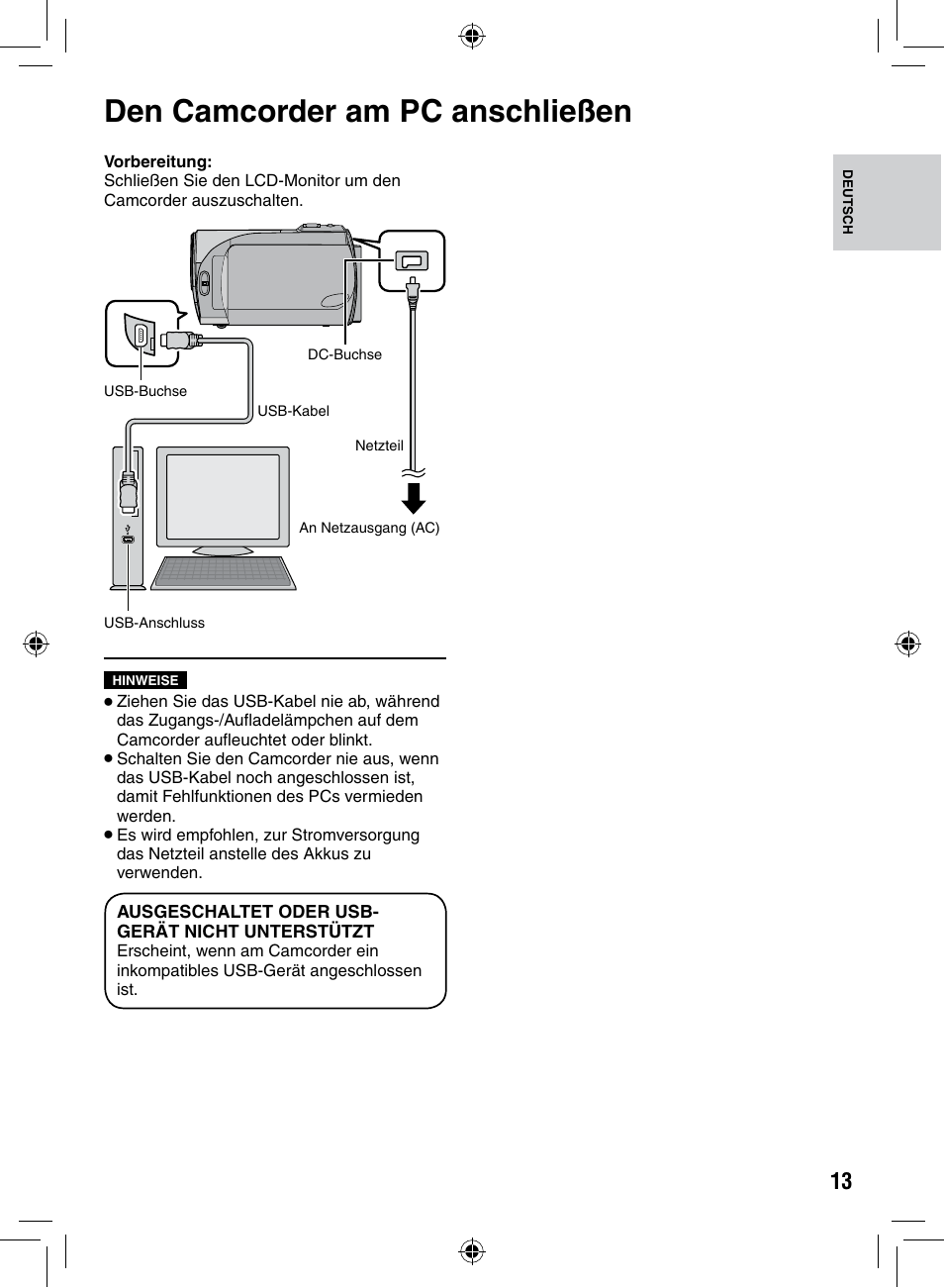 Den camcorder am pc anschließen, Den.camcorder.am.pc, Anschließen | Den.camcorder.am.pc.anschließen | JVC GZ-MS90 User Manual | Page 13 / 60