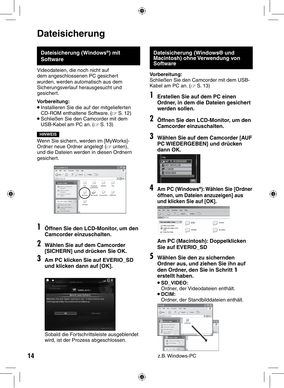 Dateisicherung, Dateisicherung (windows) mit software | JVC GZ-MS90 User Manual | Page 14 / 60