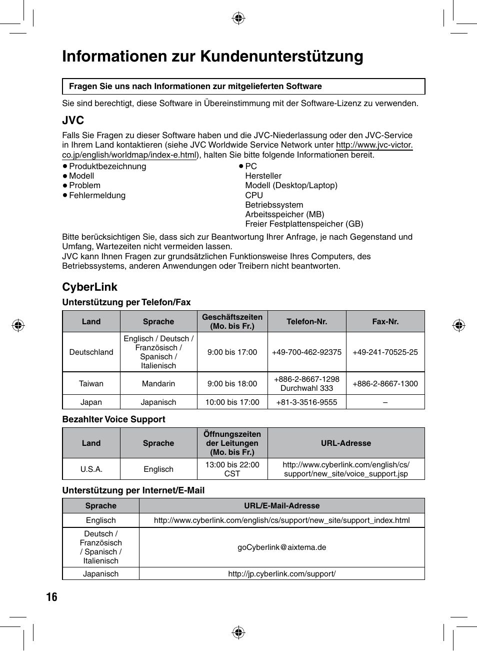 Informationen zur kundenunterstützung, Informationen.zur.kundenunterstützung, Cyberlink | JVC GZ-MS90 User Manual | Page 16 / 60
