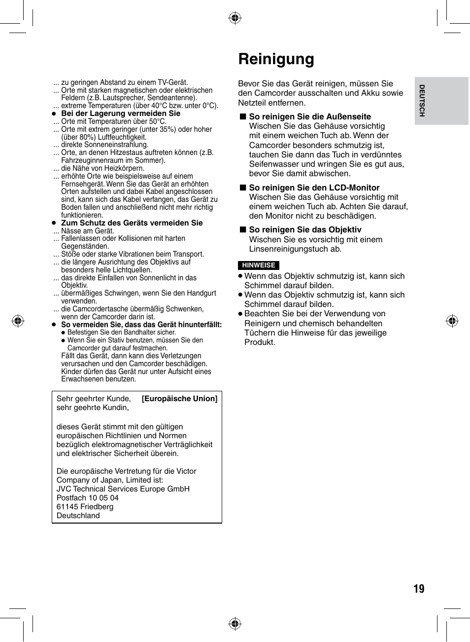 Reinigung | JVC GZ-MS90 User Manual | Page 19 / 60