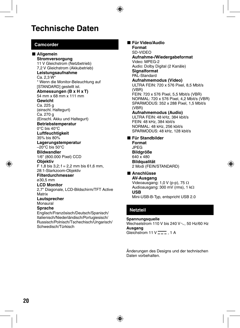 Technische daten, Technische.daten | JVC GZ-MS90 User Manual | Page 20 / 60