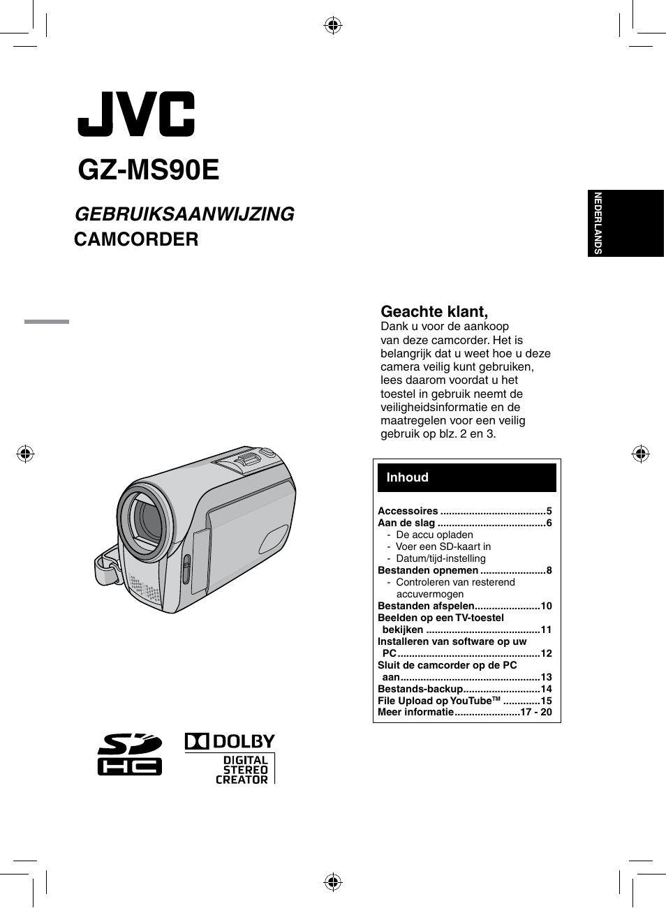 Lyt2049-002a-m_du, Gz-ms90e, Gebruiksaanwijzing camcorder | Geachte.klant | JVC GZ-MS90 User Manual | Page 21 / 60