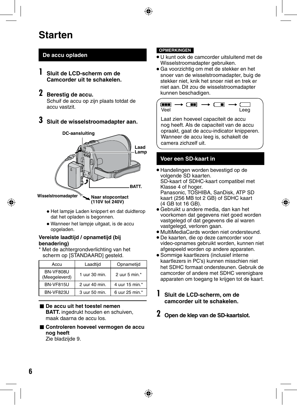 Starten, De accu opladen, Voer een sd-kaart in | JVC GZ-MS90 User Manual | Page 26 / 60