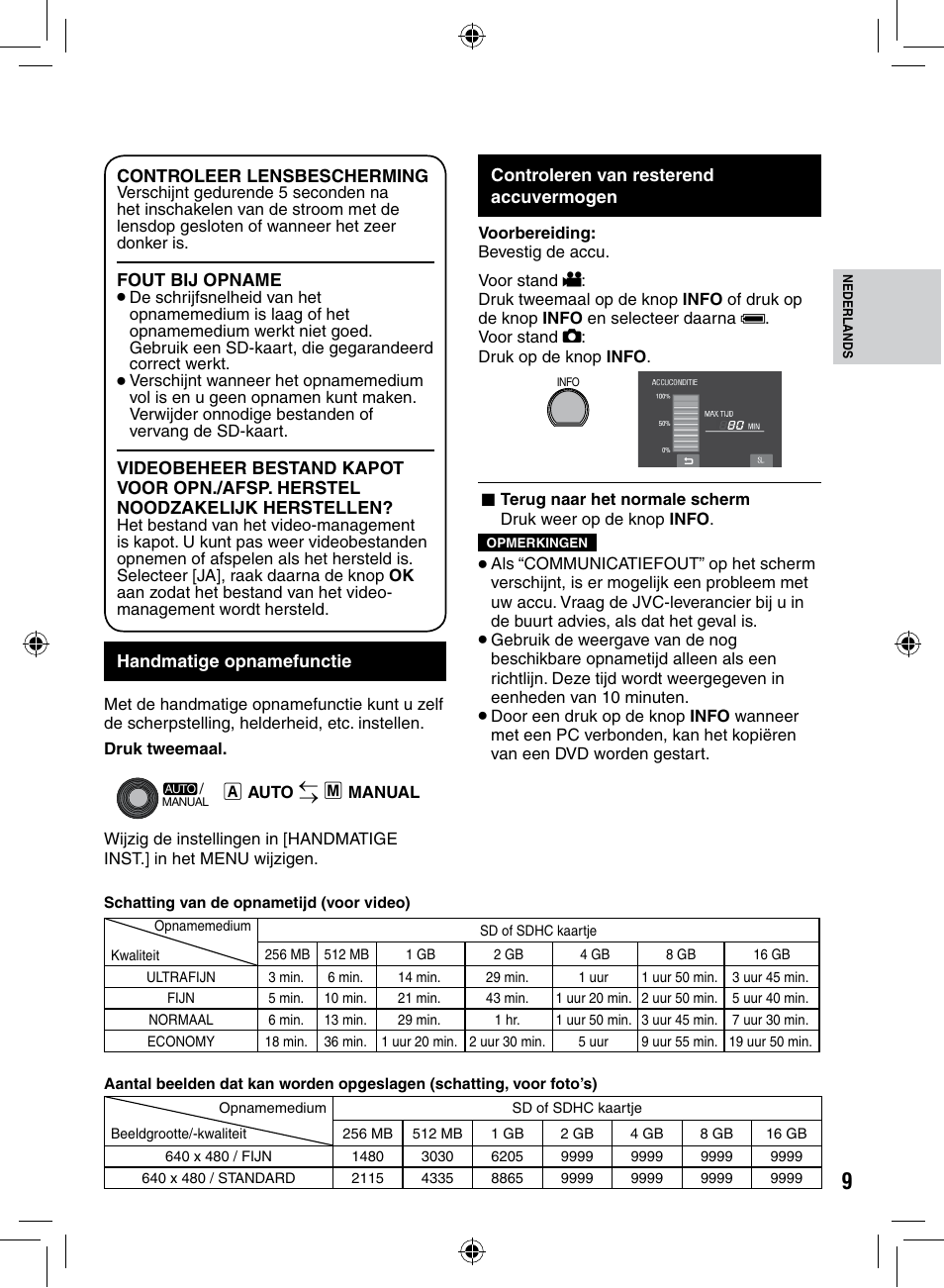 Handmatige opnamefunctie, Controleren van resterend accuvermogen | JVC GZ-MS90 User Manual | Page 29 / 60