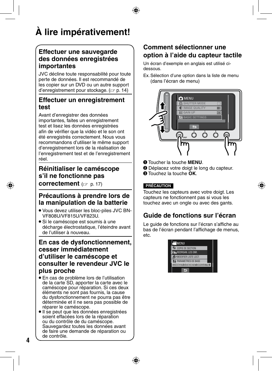 À lire impérativement, Guide de fonctions sur l’écran, Effectuer un enregistrement test | JVC GZ-MS90 User Manual | Page 44 / 60