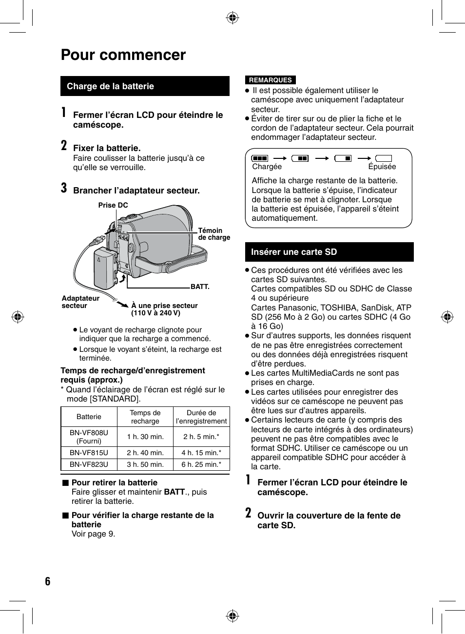 Pour commencer, Charge de la batterie, Insérer une carte sd | JVC GZ-MS90 User Manual | Page 46 / 60