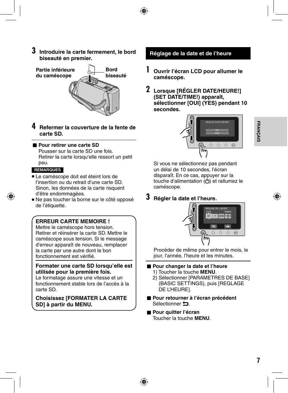 Réglage de la date et de l’heure | JVC GZ-MS90 User Manual | Page 47 / 60