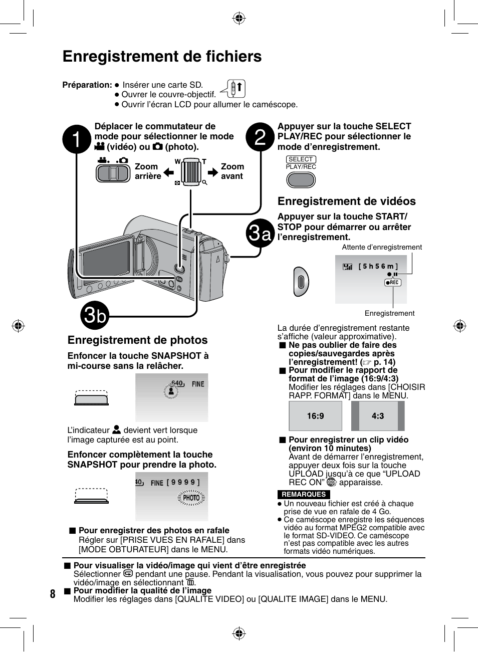 Enregistrement de fichiers, Enregistrement de vidéos, Enregistrement de photos | JVC GZ-MS90 User Manual | Page 48 / 60
