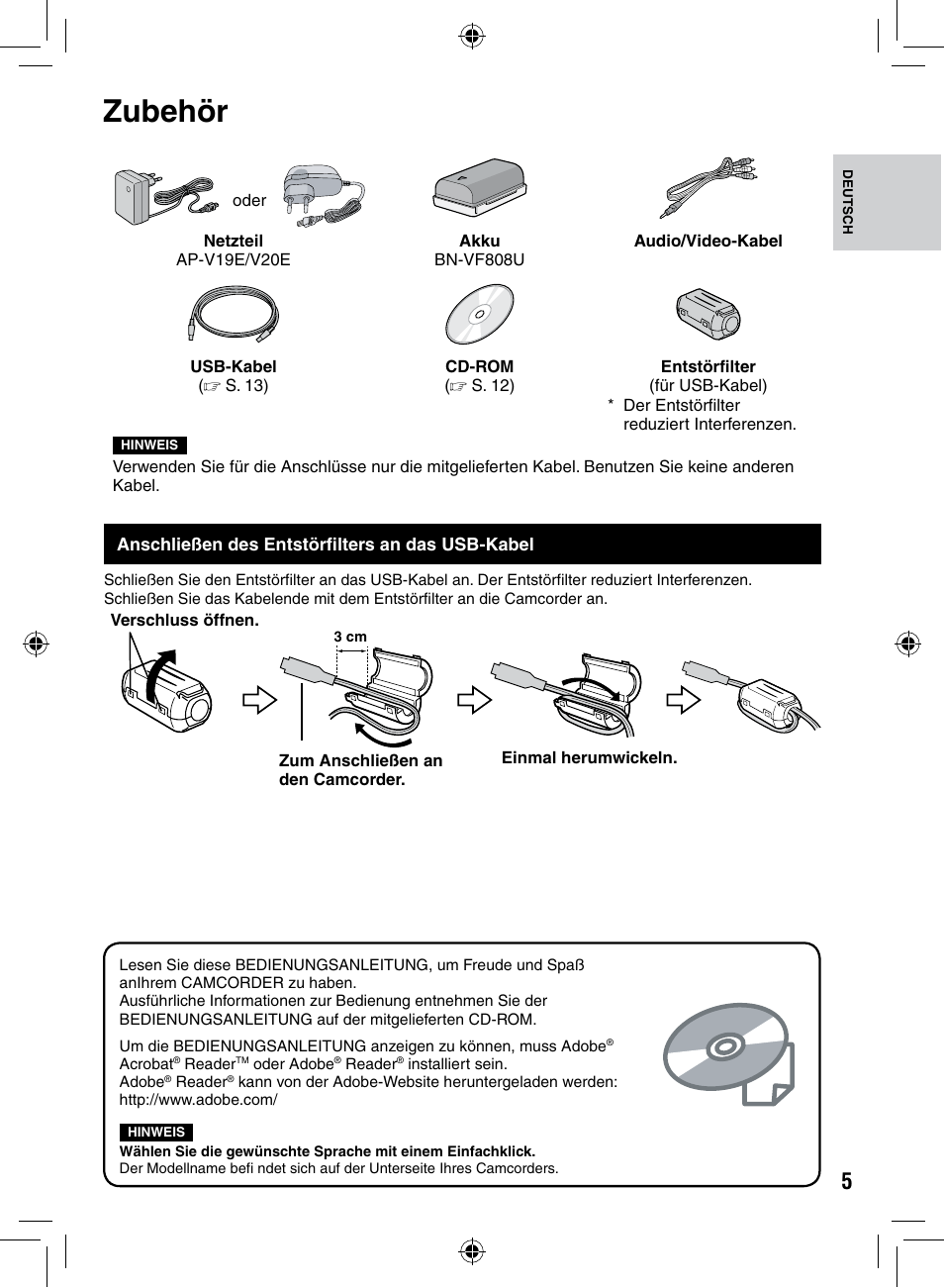 Zubehör, Anschließen des entstörfilters an das usb-kabel | JVC GZ-MS90 User Manual | Page 5 / 60