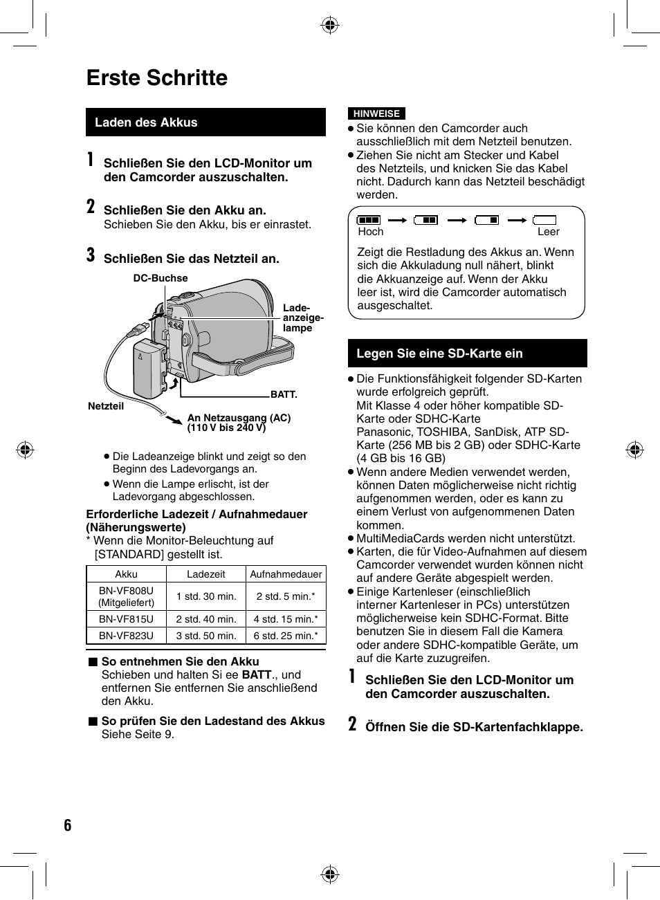 Erste schritte, Laden des akkus, Legen sie eine sd-karte ein | Erste.schritte | JVC GZ-MS90 User Manual | Page 6 / 60