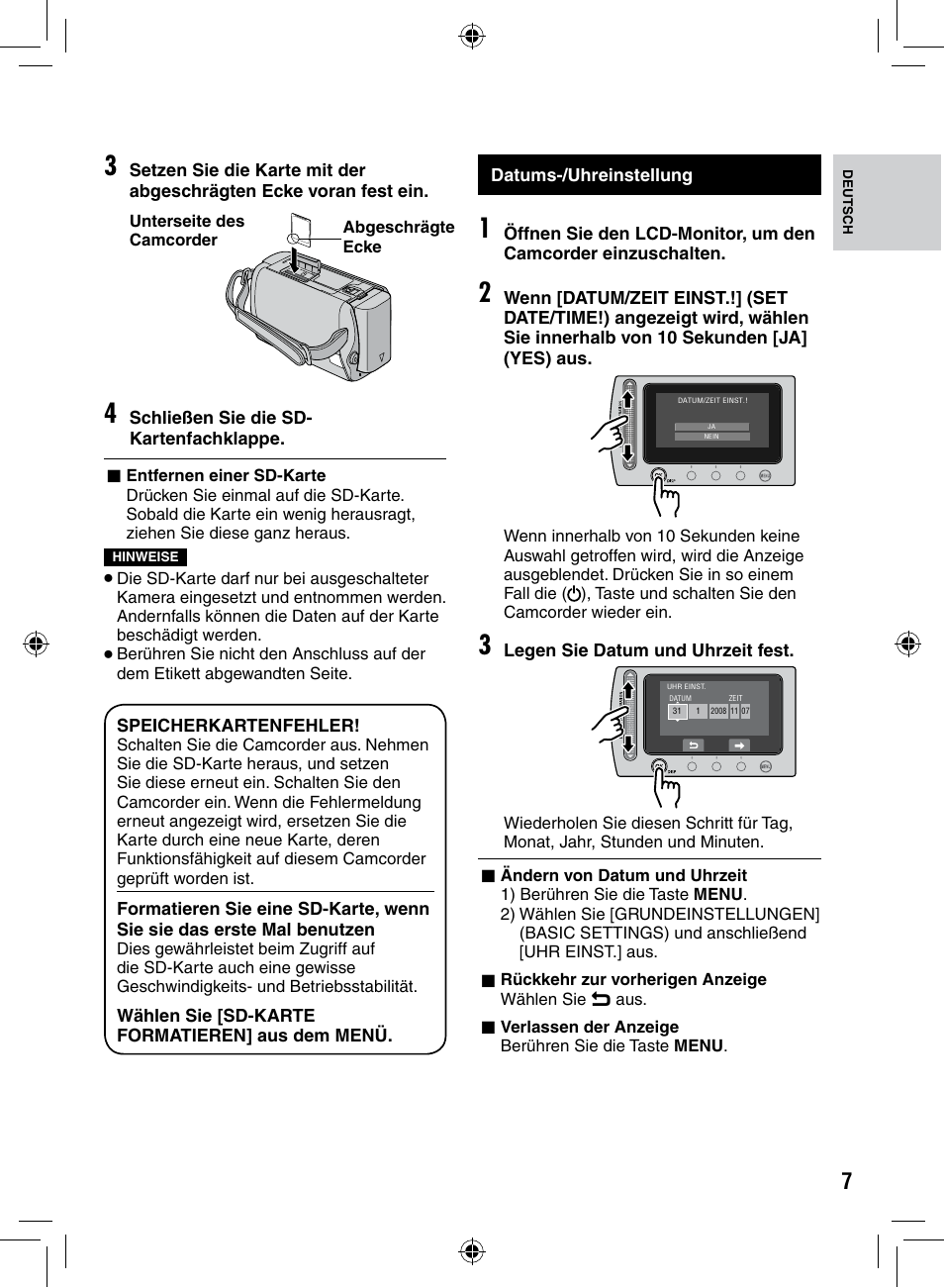 Datums-/uhreinstellung | JVC GZ-MS90 User Manual | Page 7 / 60