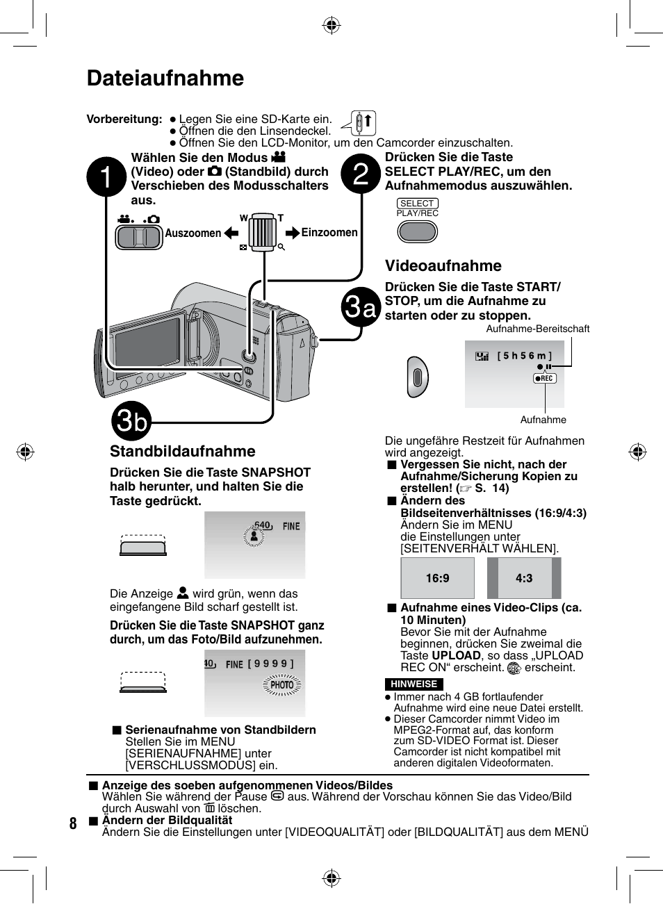 Dateiaufnahme, Videoaufnahme, Standbildaufnahme | JVC GZ-MS90 User Manual | Page 8 / 60