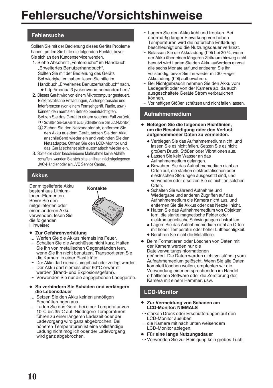 Fehlersuche/vorsichtshinweise | JVC GZ-EX515 User Manual | Page 10 / 100