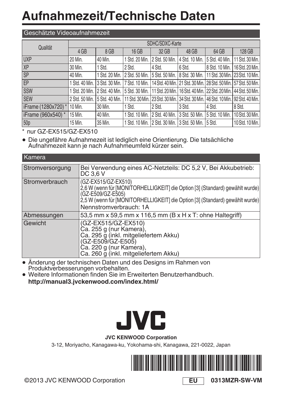 Aufnahmezeit/technische daten | JVC GZ-EX515 User Manual | Page 12 / 100