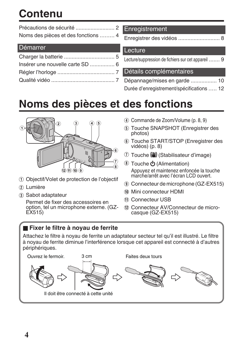 Noms des pièces et des fonctions, Contenu | JVC GZ-EX515 User Manual | Page 16 / 100