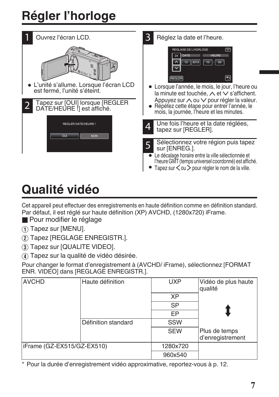 Régler l’horloge, Qualité vidéo, Régler l’horloge qualité vidéo | JVC GZ-EX515 User Manual | Page 19 / 100