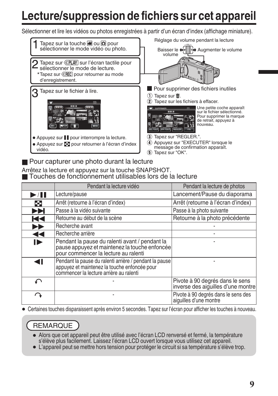 Lecture/suppression de fichiers sur cet appareil, Pour capturer une photo durant la lecture, Remarque | JVC GZ-EX515 User Manual | Page 21 / 100