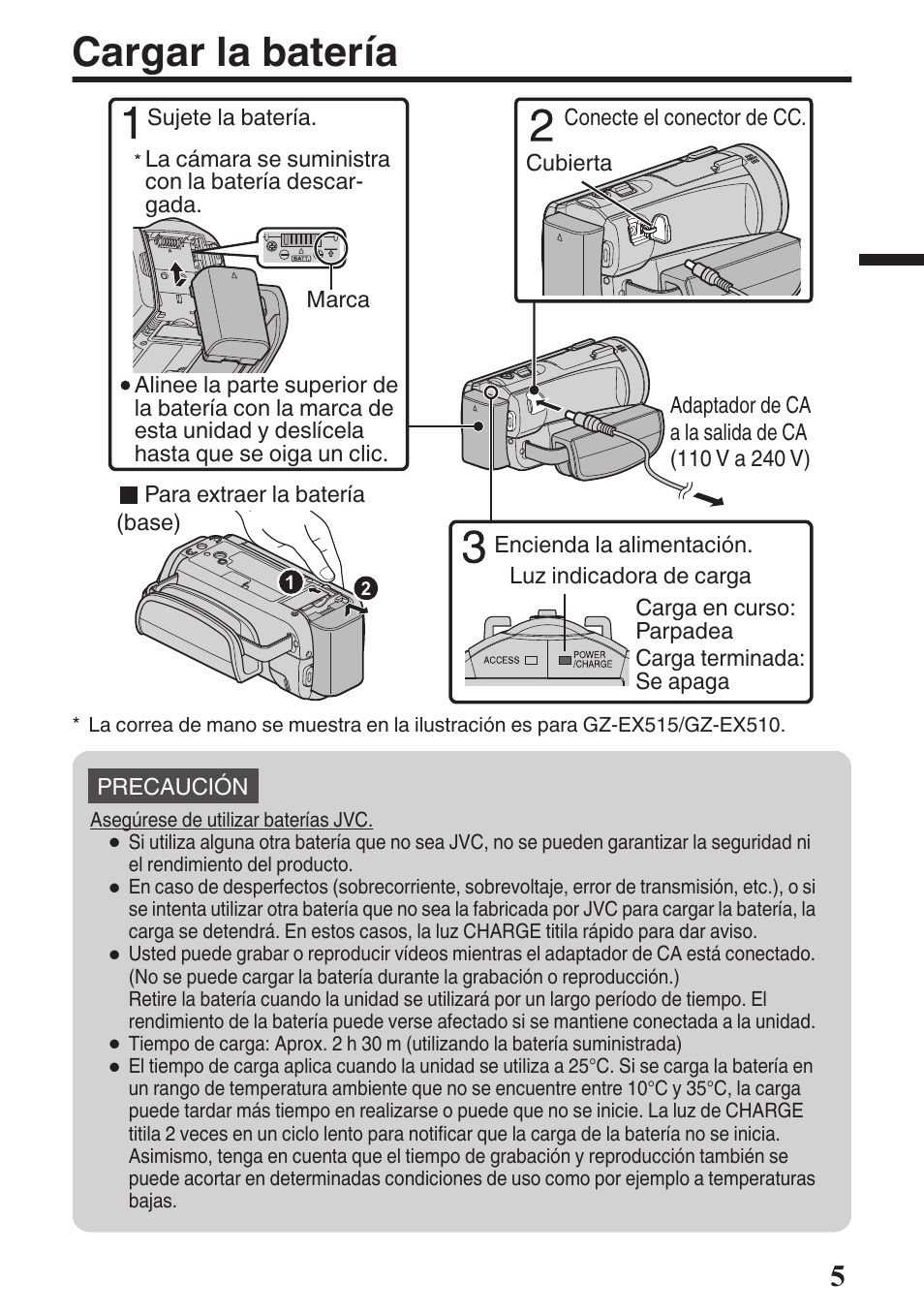 Cargar la batería | JVC GZ-EX515 User Manual | Page 29 / 100