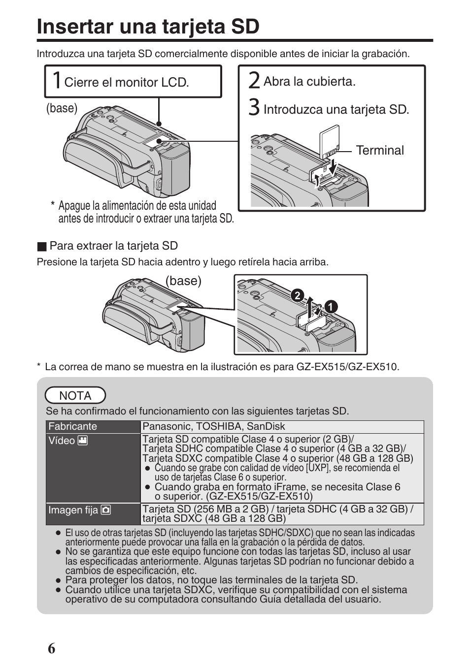 Insertar una tarjeta sd | JVC GZ-EX515 User Manual | Page 30 / 100