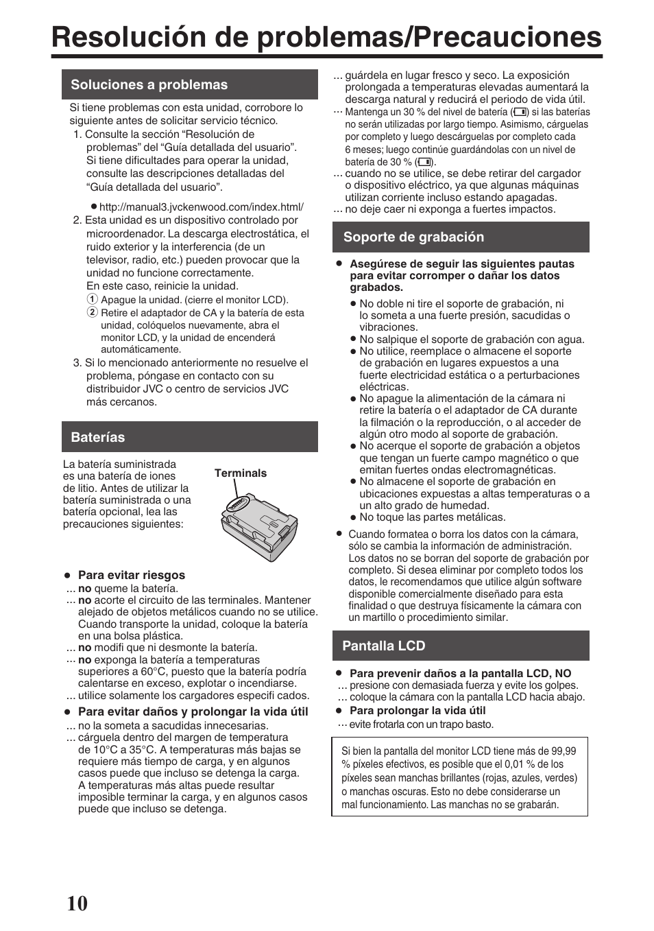 Resolución de problemas/precauciones | JVC GZ-EX515 User Manual | Page 34 / 100
